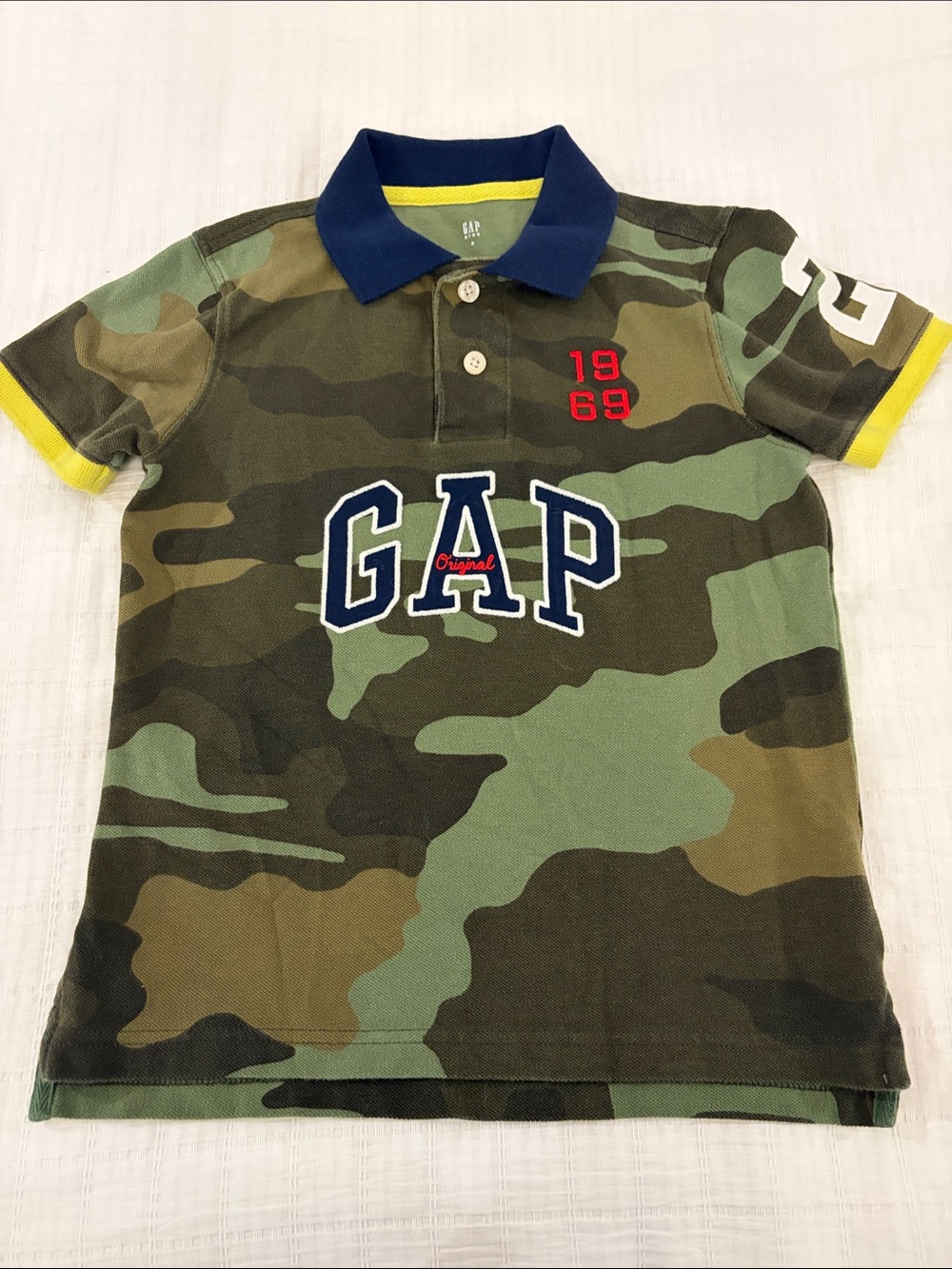 GAP Boys' Camo Polo with Navy Collar and Yellow Trim